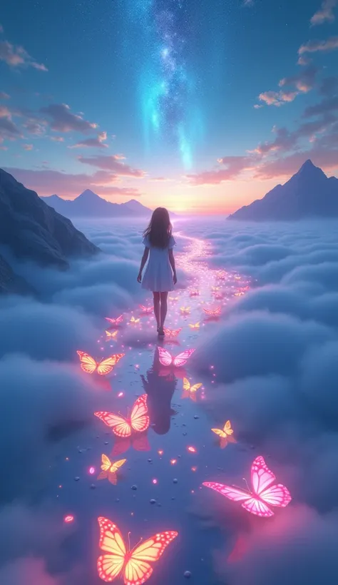 The image depicts a dreamy, surreal scene of a young girl walking along a glowing path of colorful butterflies that seem to float on a reflective, cloud-like surface. The butterflies emit vibrant hues of blue, pink, yellow, and purple, creating an ethereal...