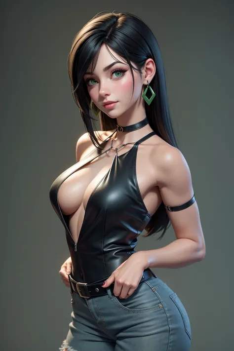 Best quality, 3d rendering work, 3DMM style, Close-up, Portrait,3D, 1girll, only, Black hair, earrings, looking at the camera, Realistic, Thin hips, Full body, ((soft cotton halter)), (blue haulter), posing on a Simple background, bangs, looks away, Long s...