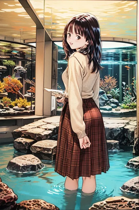 (8K、top-quality、​masterpiece:1.2)、(realisitic、ultra-detailliert、超A high resolution、beautifull detailed face,perfect body,(1girl,black long hair),(oversized blacke longsleeve sweater:1.5,brown plaid maxi flared skirt,hanging a sholuder bag,standing against ...