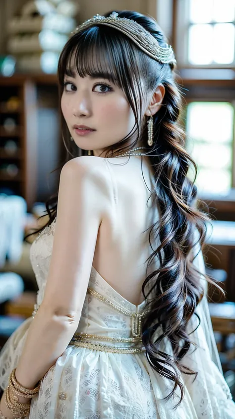 1 girl, alone focus,(bangs,long hair ),(wedding dress:1.5),highly detailed eyes, (white skin:1.1,heavy makeup), highest quality, Super detailed 、back side