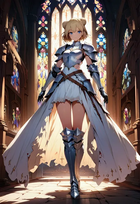 (masterpiece),(best quality),(ultra-detailed),(best illustration),(best shadow),(detailed background), 1girl, white-armor, blonde-hair, blue-eyes, armored-dress, hair-bun, braid, solo, dress, gauntlets boots, cross, knight, stained-glass, skirt. single-hai...