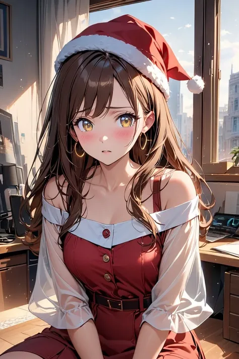 Young mature woman, anime style.
 Long wavy brown hair, shiny and windswept.
 Large yellowish eyes, ((She is slender))、small chest、kind expression. Wear Santa Claus red hat.
 Skin bright and smooth, healthy blush.
 Gold hoop earrings worn.
 White off-the-s...