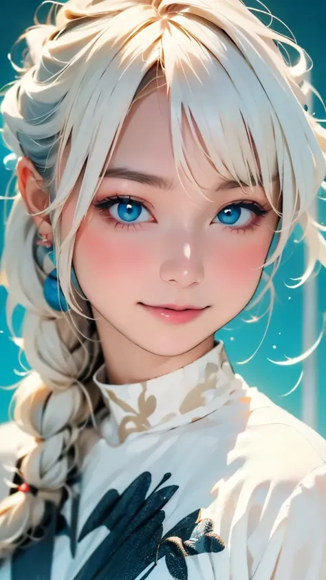 (masterpiece, best quality:1.2), 8k, 85mm, raw photo, absurdres, white and cyan theme, (liquid clothes, liquid dress:1.4), white hair, gradient dress, delicate girl, upper body, close up face, shiny skin, teen, looking at viewer, HDR, sharp focus, particle...