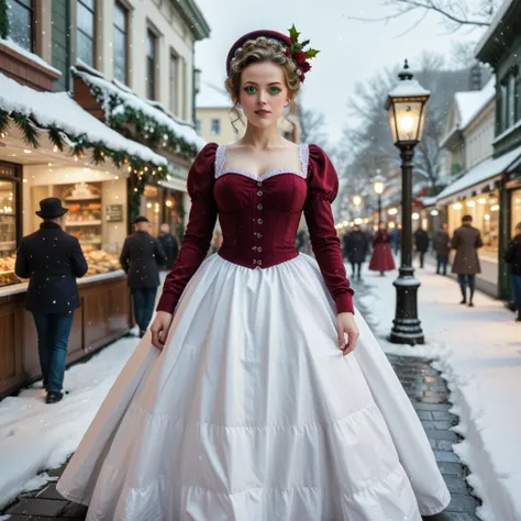 ((night)) BREAK (1woman) fr4nksbr1d3, (glowing green eyes)) in a burgundy Victorian dress and hat BREAK walking, looking at viewer, BREAK snow falling BREAK on a snowy Victorian London street, snow falling, antique gas streetlights, Christmas, light floodi...