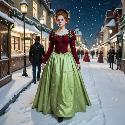 ((night)) BREAK (1woman) fr4nksbr1d3, (glowing green eyes)) in a burgundy Victorian dress and hat BREAK walking, BREAK snow falling BREAK on a snowy Victorian London street, snow falling, antique gas streetlights, Christmas, light flooding out of Victorian...