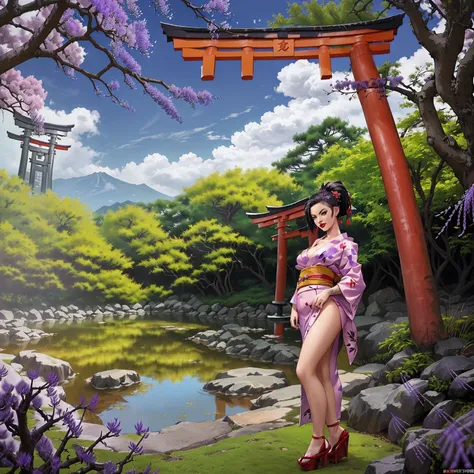 ((ChristyMackQuiron woman)), ((kimono, Yukata, Japanese garden, Japanese temple, forest, torii, trees, city in the background, red lipstick, clouds, smug, printed kimono, jacaranda trees, high heels, neckline, cleavage))