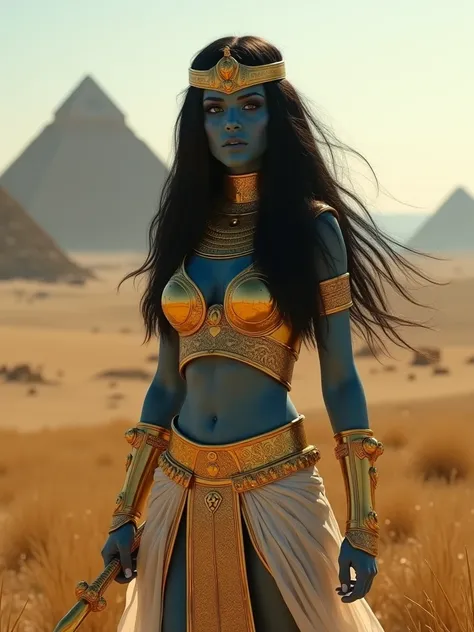 A beautiful woman has black hair and blue skin, holds a golden khopesh sword in her hand, is dressed in golden Egyptian armor, stands on a savannah in the middle of which stands a copy of the pyramids in Giza, high details of the shape, cinematic style