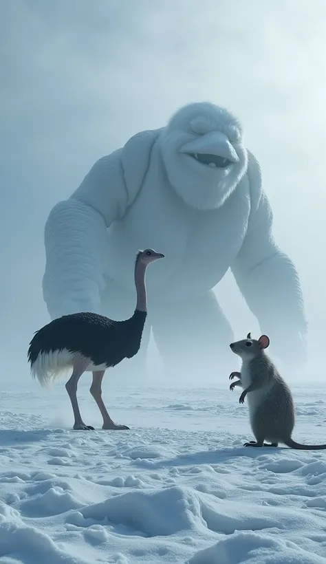 In the freezing cold of the polar region, three giant creatures faced each other. A giant ostrich was moving rapidly on the snow-covered ground with its giant wings, its giant legs shaking the ice. Next to it, a giant rat with a body as hard as a rock was ...