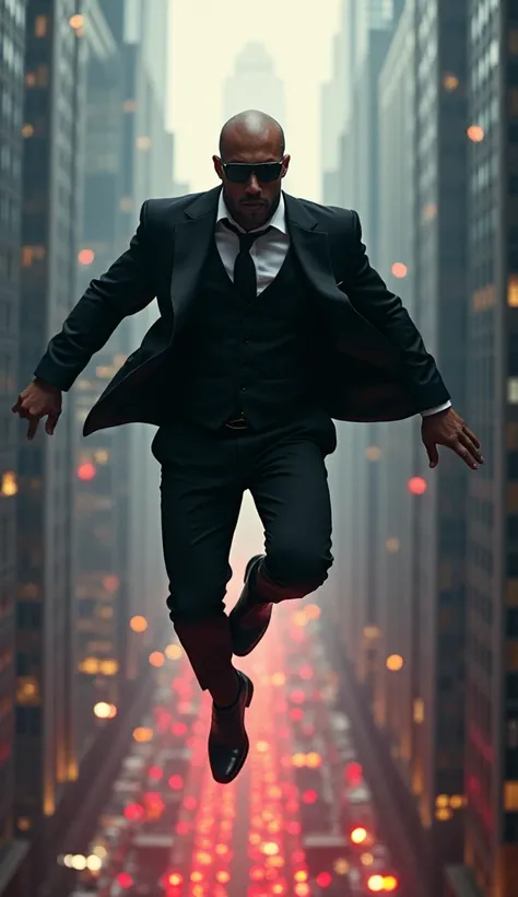 a muscular man wearing a black suit and sunglasses, high detailed face, mid-air jump, skyscrapers in the background, spiderweb, neon lights, cityscape, mission impossible, new york city, cinematic lighting, dramatic action pose, (best quality,4k,8k,highres...