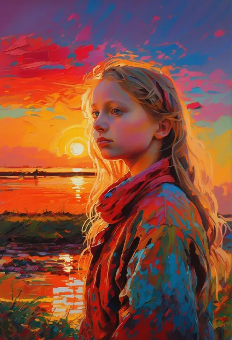 [((front portrait): young girl, in the style of Ilya Repin):20]/[background: nature landscape enemy planet of the future metropolis, [morning light], ( in the style of Hieronymus-Bosch)], very colorful, ((Palette/oil painting Palette knife)), ((masterpiece...