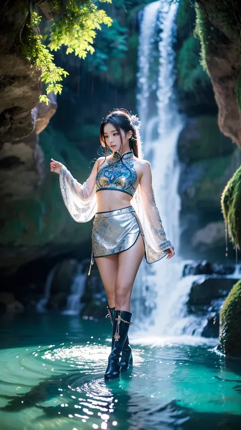 ① A stunning portrayal of "Merry-san no Denwa" as a magical girl, kneeling gracefully in a tranquil yet powerful stance. Her long, flowing silver hair shimmers in the cascading light of a majestic waterfall behind her, framing her poised figure with an eth...