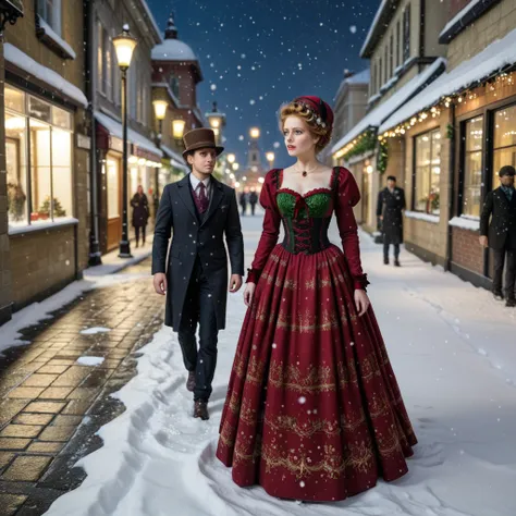 ((night)) BREAK (1woman) fr4nksbr1d3, (green eyes), stitches) in a burgundy Victorian dress and hat BREAK walking, BREAK snow falling BREAK on a snowy Victorian London street, snow falling, antique gas streetlights, Christmas, light flooding out of Victori...