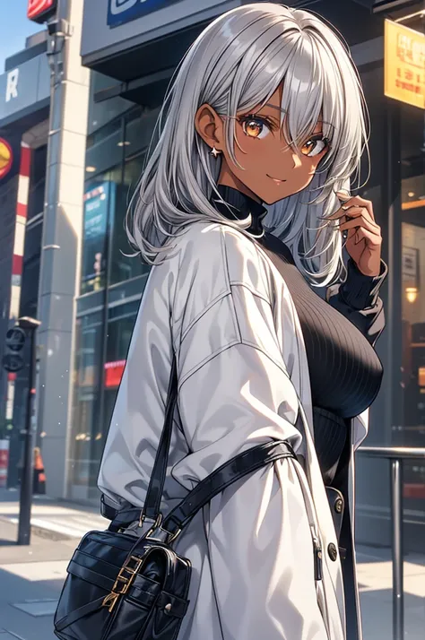 Around town、((Stylish winter clothes、turtleneck long sleeve shirt 、Put on a coat))、 greatest masterpiece、 high definition 、 High Quality 、32K、( dark elf teenager women、1 person、 holding a star 、 normal sized breasts、((Beautiful silver hair、 medium hair))、(...