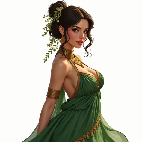 Generates a high-quality, realistic, cinematic illustration, with character design style and a white background. Imagine a beautiful goddess (30 years old) of nature, Babylonian or Sumerian style. sensual and probocatibo faces. curvy body. She has a beauti...