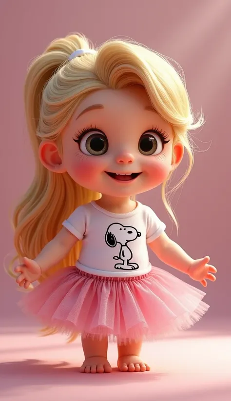 Disney Pixar style character Rapunzel baby with ponytail in her hair wearing a pink tulle skirt and a white t-shirt with snoopy