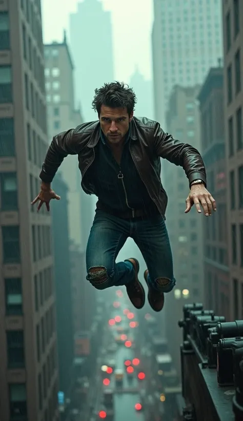 a man jumping from rooftop to rooftop, Tom Cruise, action movie, broken leg, New York City skyline, helicopters in the background, cinematic, extreme action, high-octane, intense, stunt, epic, blockbuster, dramatic lighting, gritty, realistic, (best qualit...