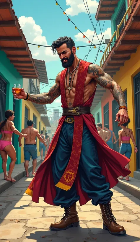 The image features a very colorful illustration of a handsome Colombian male priest, 35 years old, beard, tattoos, priest outfit, rocker boots, dancing very drunk and high, at dawn, on a typical Colombian street. Funny scene.
