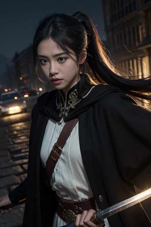 (Positive Focus), (in the darkness nigth:1), (top-quality), (Realisticity:1), Cinematic poster, realistic skin textures, High Detail, 16k wallpaper, volume illumination, Dynamic Lighting, girl with, long hair in a black ponytail, black robes, ancient Chine...