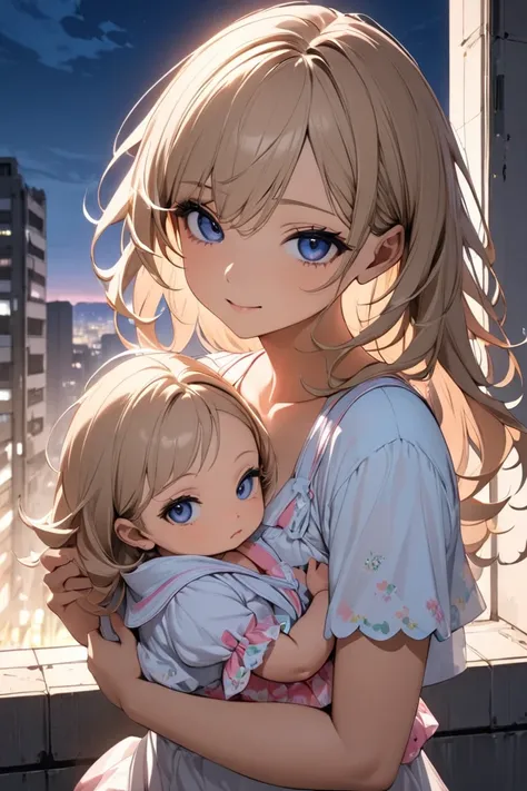 Masterpiece,
Young Idol Girl Trying to Breastfeed Her Baby,
She looks at the viewer a little uneasily,
Shes wearing her summer clothes,
In a desolate building,
in the evening,