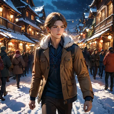 Masterpiece,best quality,A young man,standing in a snow-covered town, with heavy snow dancing around him, the crowds around him blurred and out of focus, night,a concept art, illustration, highly detailed, newest,photorealistic, hyperrealistic, volumetric ...