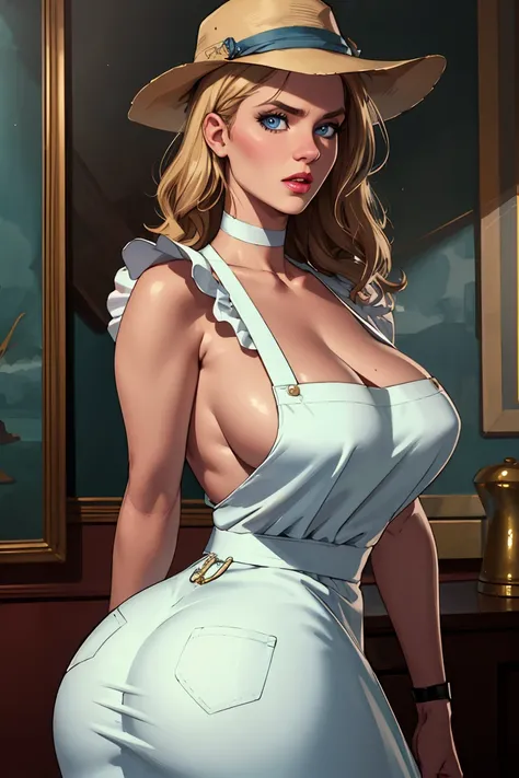 (best quality,highres),(realistic:1.37),(portrait),(studio lighting), ,solo mature woman,curvy, giant breasts, giant ass,straight strawberry blonde hair, dusty blue eyes,full lips, seductive, choker, painters apron,painters hat