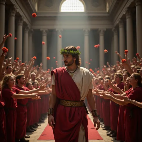 scene of a 25 year old italian model as young roman emperor wearing roman toga and laurel on his head inside a wide and tall roman senate building surrounded with crowds of senators celebrating and throwing flowers fills the room, real people, real scene, ...