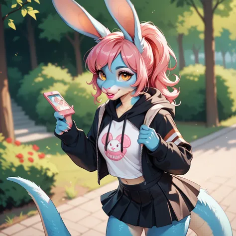 rabbit, furry,  dragon emblem hoodie,  short black skirt,  in the middle of a hill ,  big boobs, blue fur, curled pink hair , amber eyes, lipstick