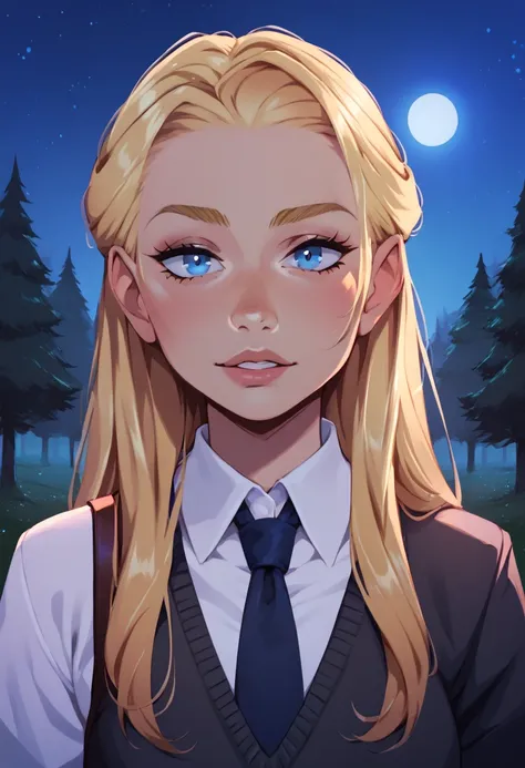 score_9, score_8_up, BREAK, LunaLovegood, 1girl, solo, blonde hair, long hair, blue eyes, necktie, white shirt, black sweater, school uniform, hogwarts school uniform, upper body, looking at viewer, forest, night,
