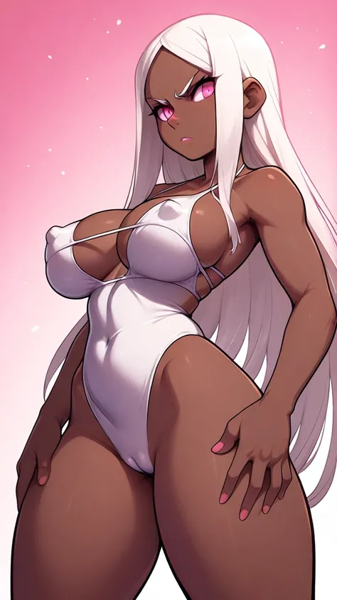 score_9, score_8_below, score_7_below,   masterpiece ,  high quality ,  best quality , , Erect nipples,bikini top,1 woman,  short white hair swimsuit, dark skin,  thick thighs ,  perfect anatomy,pink eyes, confrontation