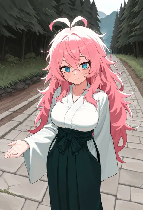   masterpiece ,  best quality , absurdres,   very aesthetic , 1 ,  long hair,  Messy hair, pink hair, smile, looking at viewerparte superior do corpo,  Blue Eyes, japanese clothes, stone path,  outdoor,  mountains in the background , breasts