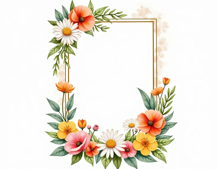 " A delicate floral vertical frame with a central opening in the shape of a rectangle ,  surrounded by colorful wild flowers .  The flowers include white daisies , pink poppies ,  and flowers in warm tones such as orange ,  yellow and soft red .  The desig...