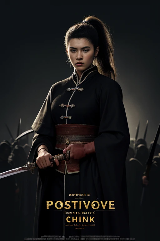 (Positive Focus), (in the darkness nigth:1), (top-quality), (Realisticity:1), Cinematic poster, realistic skin textures, High Detail, 16k wallpaper, volume illumination, Dynamic Lighting, girl with, long hair in a black ponytail, black robes, ancient Chine...