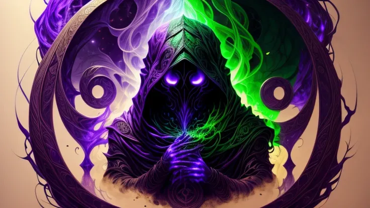 -masterpiece- -ultra HD- A dark faceless figure, with green and purple veins, holding a scroll with a dark aura, in the void.
