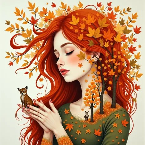   young beautiful element woman close-up only head and neck ,     closed eyes   ,     hair is made in the form of an autumn element , autumn leaves made of hair ,  she has beautiful autumn trees on her arms ,  her beautiful hands in autumn patterns hug the...