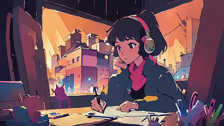 Asian woman studying in the room, dream, Wear headphones, night lighting, Neon scenery on a rainy day, Analog Color Theme, Lo-fi hip hop , review, flat, 2.5D ,Draw a line, Ink painting, Large slope, Watercolor, Goosh Colors, Studio Ghibli Style, Great colo...