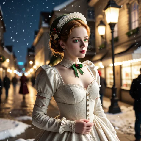 ((night)) BREAK (1woman) fr4nksbr1d3, (green eyes), stitches) in a burgundy Victorian dress and hat, BREAK snow falling BREAK on a snowy Victorian London street, snow falling, antique gas streetlights, Christmas, light flooding out of Victorian shops, mast...