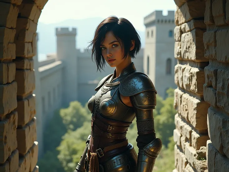 1girl, Short Hair, dark Hair, Masterpiece, Green Eyes, leather armor, light armor,  medieval castle