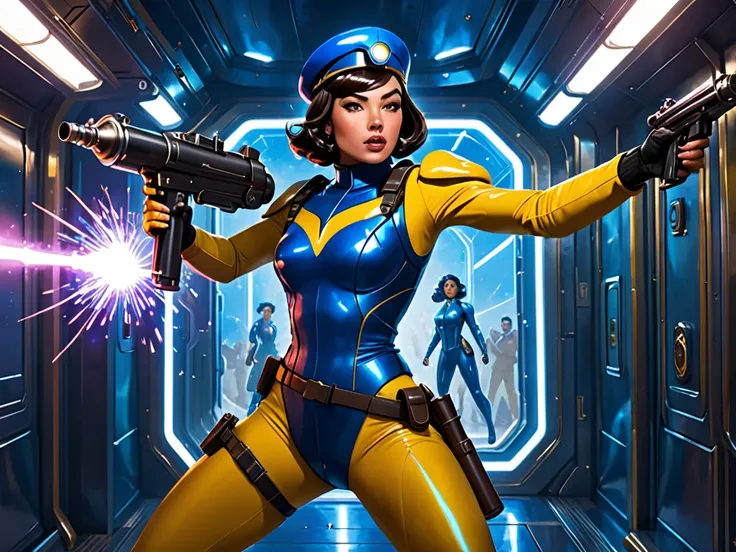 A commando in a blue velvet jumpsuit and yellow body armor with a blue beret holds a raygun. Her hair is cut in a bob and is a rich brown color, and she has complex hazel eyes. Her skin is tanned, and her features are Brazillian. Her expression is enraged,...