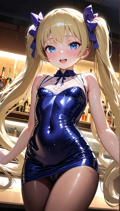  Masterpiece Top Quality Unity 8k ,( twin tails),  hair bow , Beautiful blonde, detailed hair,very long hair, blue eye,輝く瞳,Princess Eye, baby face:1.2, (latex dress where underwear can be seen through when wet, fitted dress ,Lace on the chest, shiny pantyh...