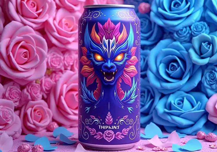 Create a can of Energetic Monster with the theme of the bisexual flag focusing on roses, blue and lilac