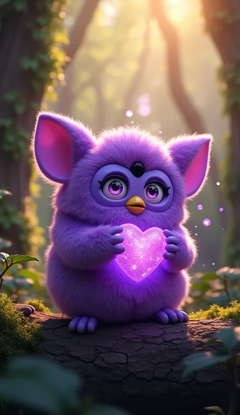 purple grape with glowing shimmer dust furby in the forest