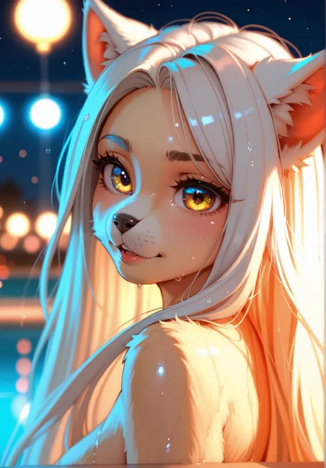 1 furry girl, 4k, HDR, white fur, long hair, ultra cute face, ((red and yellow elements on fur)), wet black t-shrt, beautiful lights and shadows, ultra detailed fur,