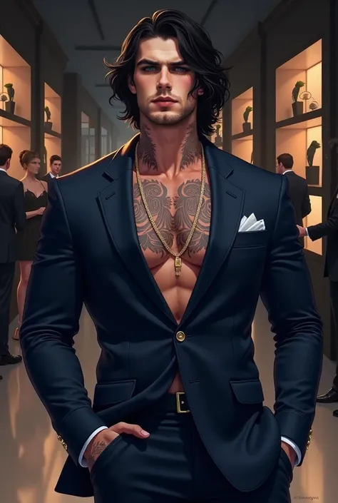 horizontal image. Full body portrait .  Realistic illustration. digital art.  Aesthetic image .  Attention to detail ,  detailed image . pose frontal. Front focus. An empowered and dominant aristocratic man , elegant, empowered and dominant . The man: Es h...