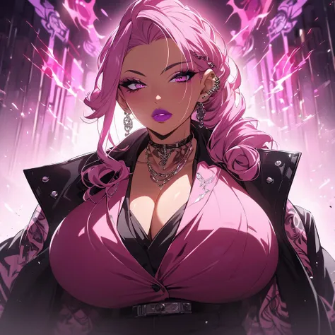 from front, Mafia anime girls, Look at viewers, light skin, mommy aura, Pink color hair, long hair, ponytail hairstyle, huge breast, big thigs, Sexy lips, Mafia outfit, ear piercing, Tatto on her neck, Warm lighting, Dramatic lighting, Cinematic, 4K qualit...