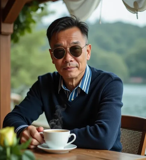 Thai military man 50 years under cut short dark brown hair , brown eyes, wearing sunglasses shirt and dark blue jumper , drinking coffee, coffee smoke in the air, looking at viewer , Summer cozy outdoor terrace, green Roses on the table，cozy cabin, Stunnin...