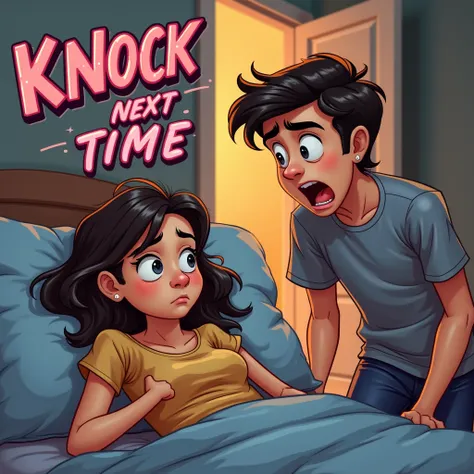 photograph,The words "Knock Next Time" is boldly displayed at the top in a fun, graffiti-inspired font. A Dad walking in on his teenage daughter in her bed, both with shocked expressions