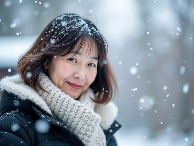  A beautiful Korean woman in her 50s .  Short Mid-length Hair .  White snow is falling .  middle-aged woman who looks older. I have a few wrinkles on my face . A bit faint like an old picture. Shoot up to the waist with a wide-angle lens.  casual pants .