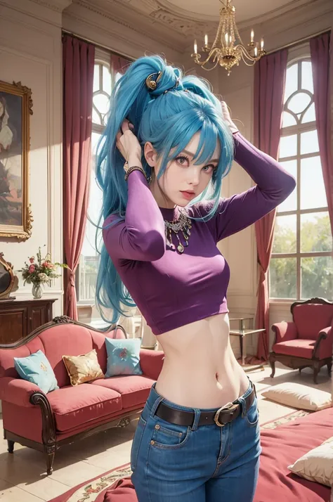 girl, blue hair, purple eyes, long sleeved velvet top, midriff, navel, long pants, belt, jewels, on bed, stretching arms, relaxed, royal bedroom