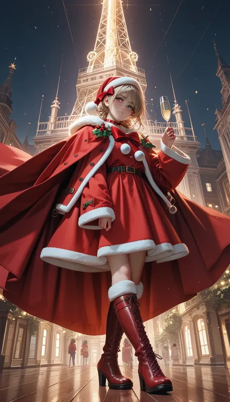  Japanese female idol 、Wearing a red cape coat 、 with white fur on the collar and sleeves 、 wearing a red miniskirt 、 wearing a Santa Claus bow、wearing red boots、There is a champagne tower