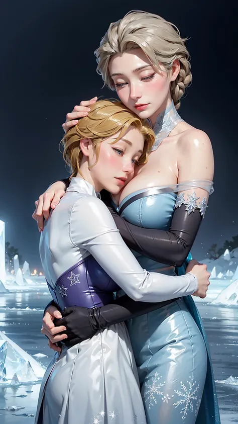 frozen金髪,  Big Breasts ,  blush, Anna,Elsa,Hugs,lily, face each other